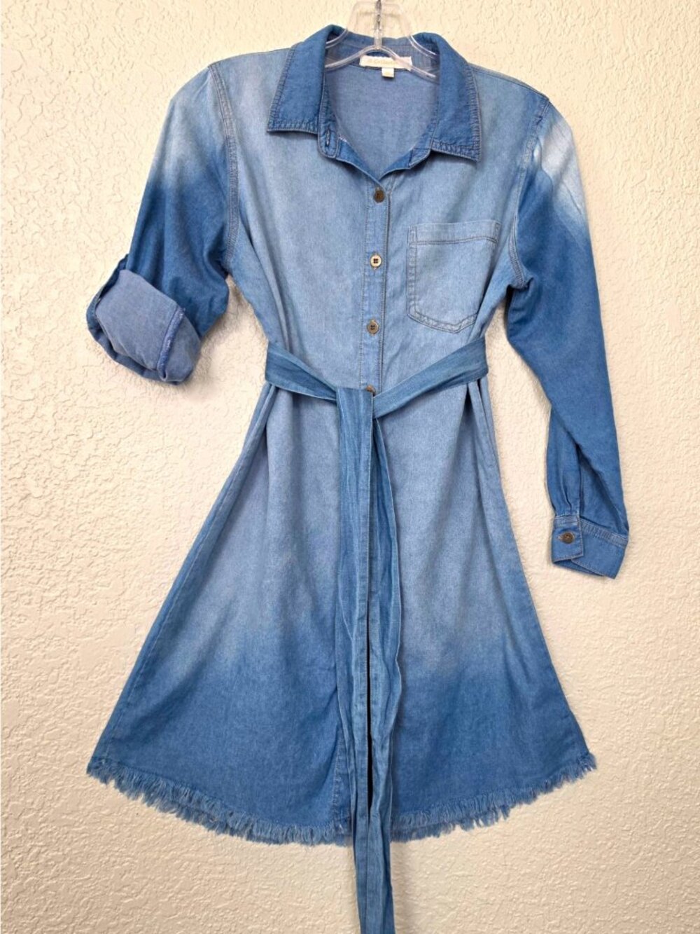 G Collection Blue Denim Button Front Shirt Dress Belted Pockets Petite PS